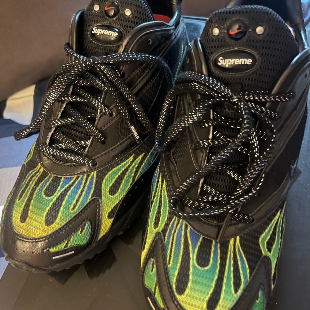 Supreme Kids Sneakers - Black and Neon Green Flames